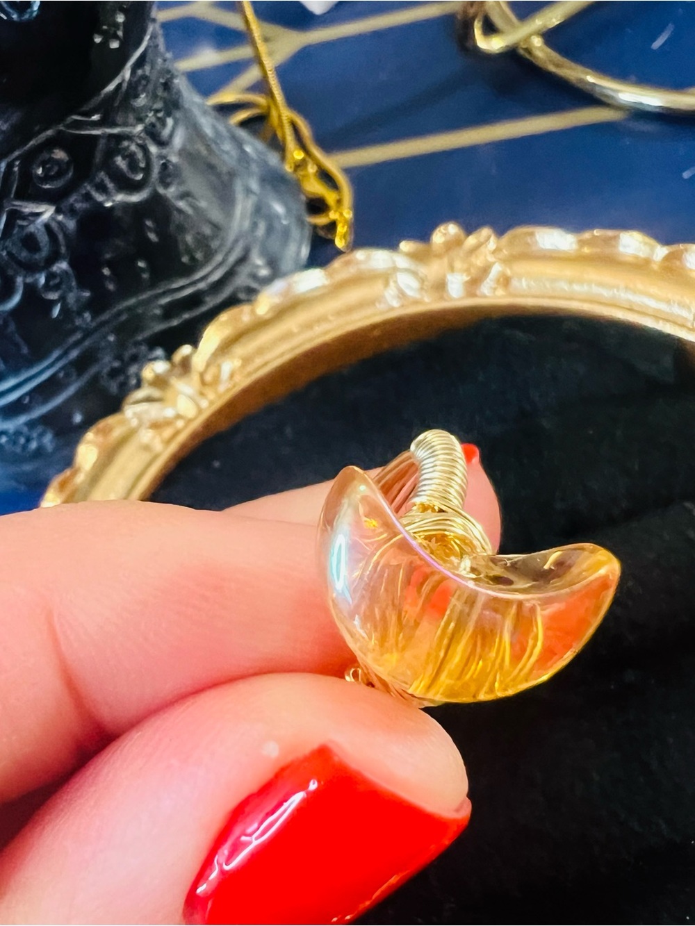 Gold Wire Wrapped Iridescent Glass Crescent Moon Ring - Orange SZ 6